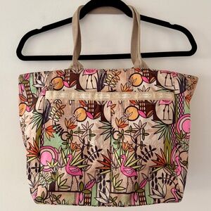 Le Sportsac Tropical Flamingo Artsy Medium Tote 2 front pockets Multicolor Cute